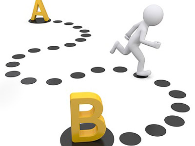 Eine 3D-figur läuft auf einem Weg von Punkt A zu Punkt B, mit gelben Buchstaben und schwarzen Markierungen.